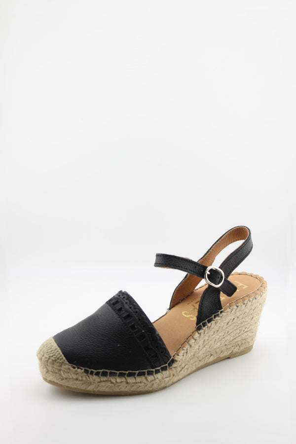 Fabiolas Leather Espadrille Wedge with Scalloped Detail and Ankle Strap