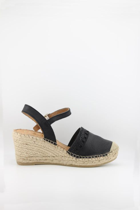 Fabiolas Leather Espadrille Wedge with Scalloped Detail and Ankle Strap