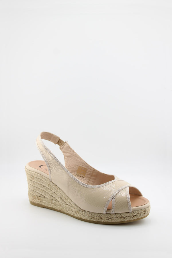 Gaimo Peep-Toe Espadrille Wedge Slingback with Patent Leather Trim