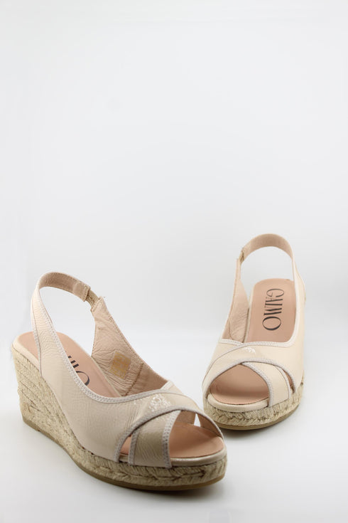 Gaimo Peep-Toe Espadrille Wedge Slingback with Patent Leather Trim