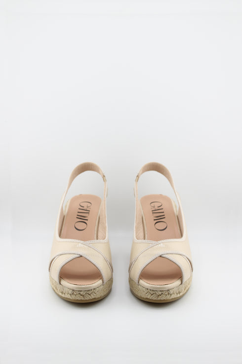 Gaimo Peep-Toe Espadrille Wedge Slingback with Patent Leather Trim