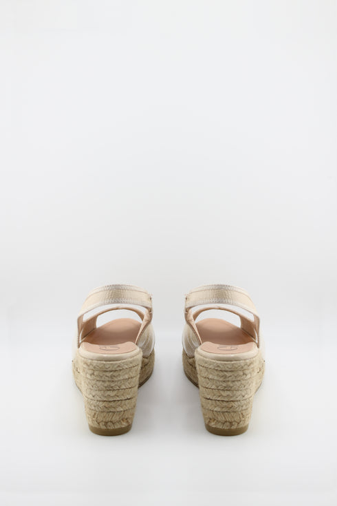 Gaimo Peep-Toe Espadrille Wedge Slingback with Patent Leather Trim