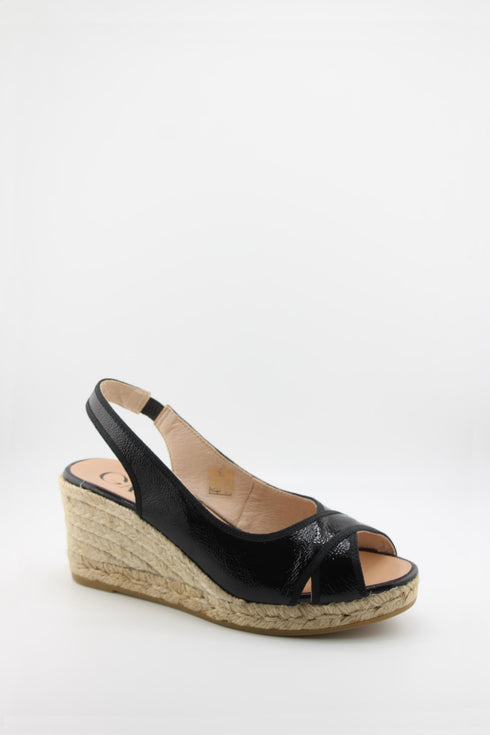 Gaimo Peep-Toe Espadrille Wedge Slingback with Patent Leather Trim