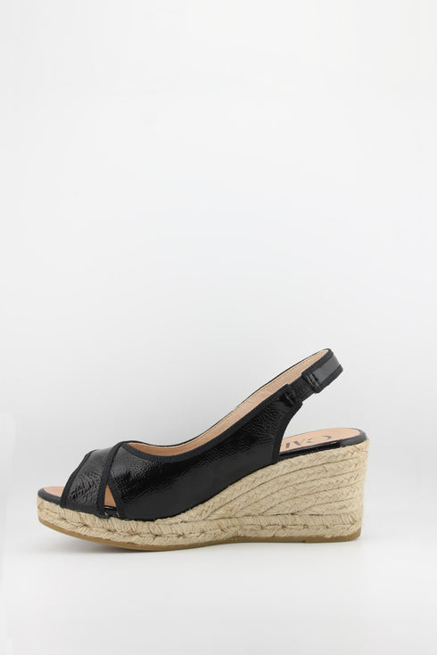 Gaimo Peep-Toe Espadrille Wedge Slingback with Patent Leather Trim