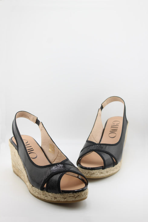 Gaimo Peep-Toe Espadrille Wedge Slingback with Patent Leather Trim