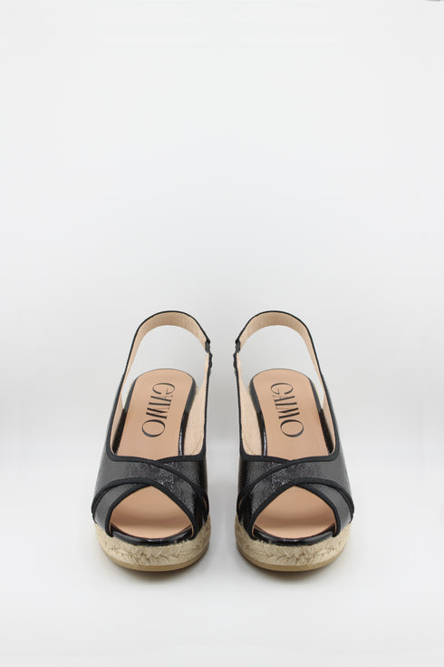 Gaimo Peep-Toe Espadrille Wedge Slingback with Patent Leather Trim