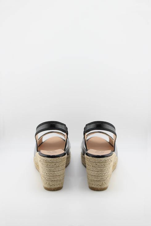 Gaimo Peep-Toe Espadrille Wedge Slingback with Patent Leather Trim