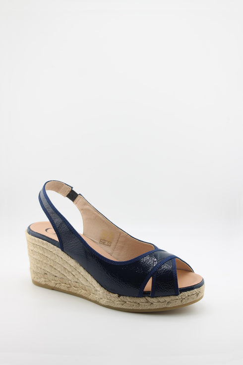Gaimo Peep-Toe Espadrille Wedge Slingback with Patent Leather Trim