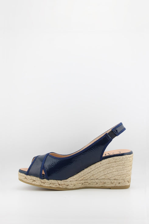 Gaimo Peep-Toe Espadrille Wedge Slingback with Patent Leather Trim