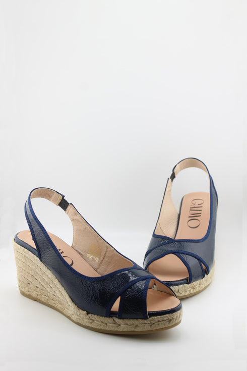 Gaimo Peep-Toe Espadrille Wedge Slingback with Patent Leather Trim