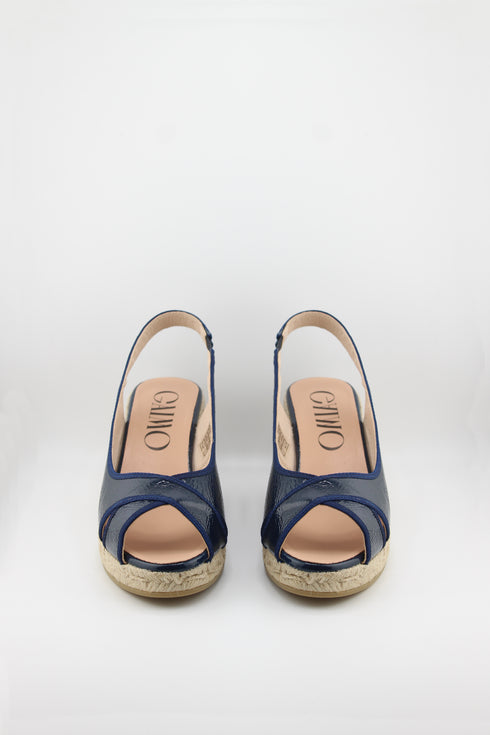 Gaimo Peep-Toe Espadrille Wedge Slingback with Patent Leather Trim