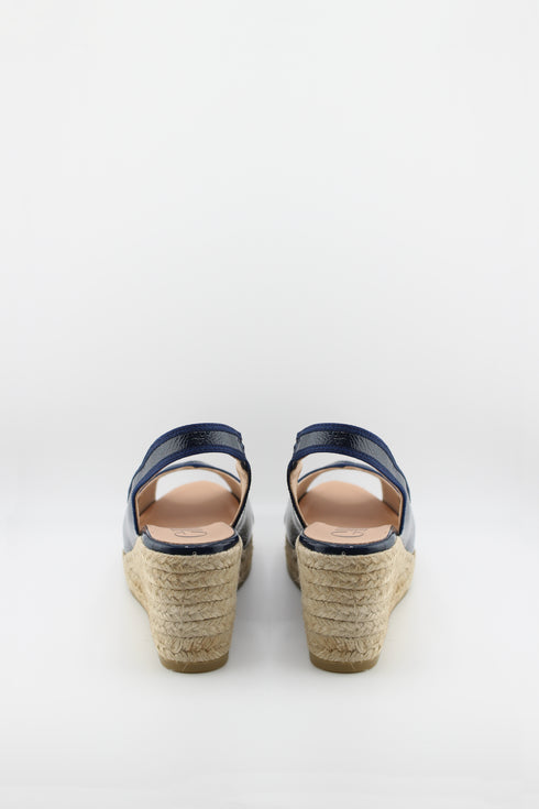 Gaimo Peep-Toe Espadrille Wedge Slingback with Patent Leather Trim