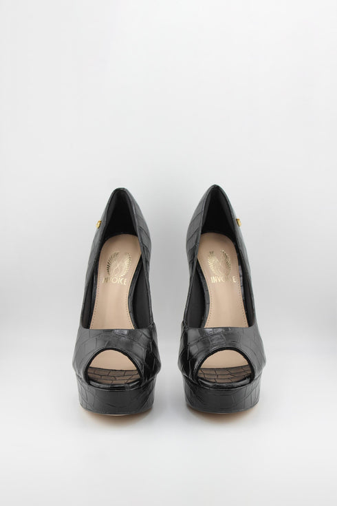 Invoice Peep-Toe Croc-Embossed Platform Pumps