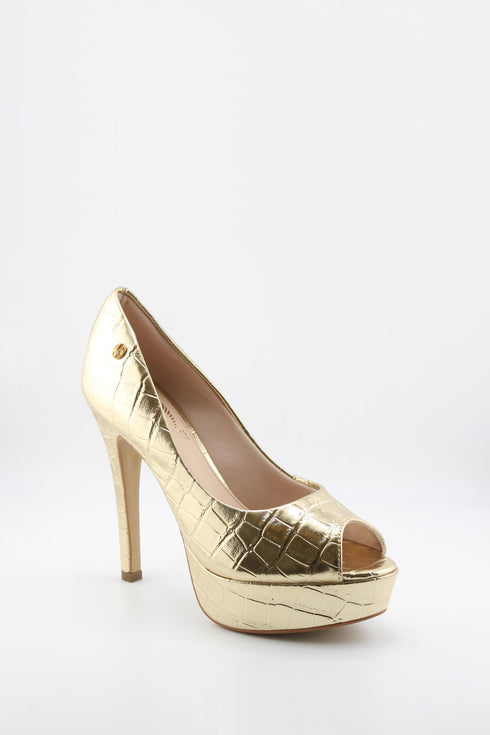 Invoice Peep-Toe Croc-Embossed Platform Pumps