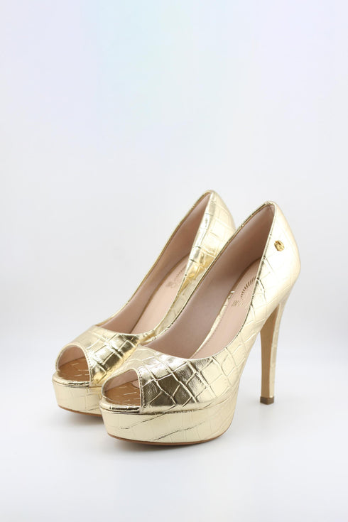 Invoice Peep-Toe Croc-Embossed Platform Pumps