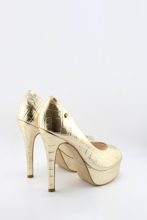 Invoice Peep-Toe Croc-Embossed Platform Pumps