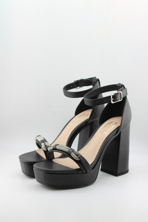 Invoice Platform Block Heel Sandals with Rhinestones