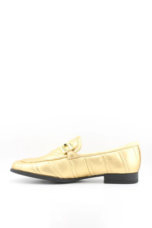 Unisa Metallic Quilted Leather Loafers with Chain Buckle Detail