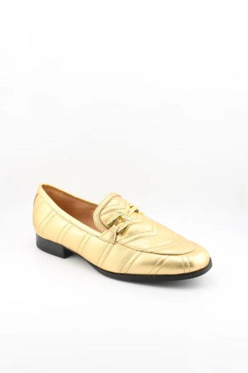Unisa Metallic Quilted Leather Loafers with Chain Buckle Detail