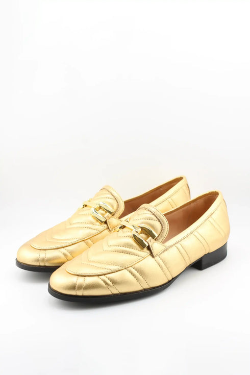 Unisa Metallic Quilted Leather Loafers with Chain Buckle Detail