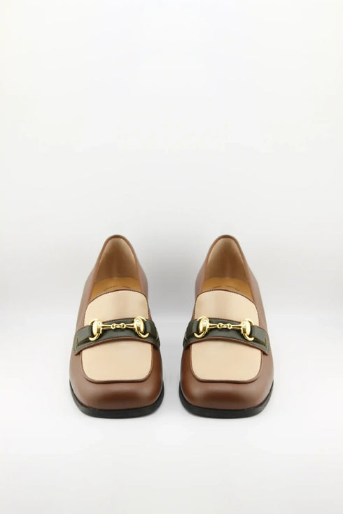 DFC Relax Leather Block Heel Loafers with Chain