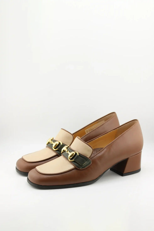 DFC Relax Leather Block Heel Loafers with Chain