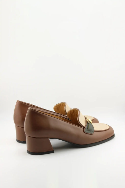 DFC Relax Leather Block Heel Loafers with Chain