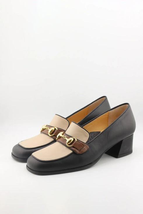 DFC Relax Leather Block Heel Loafers with Chain