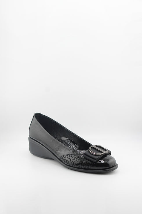 DFC Relax Buckled Patent Leather Comfort Wedge with Chain Detail