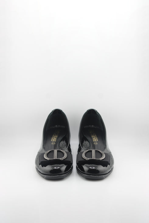 DFC Relax Buckled Patent Leather Comfort Wedge with Chain Detail