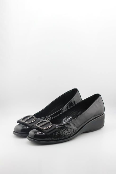 DFC Relax Buckled Patent Leather Comfort Wedge with Chain Detail