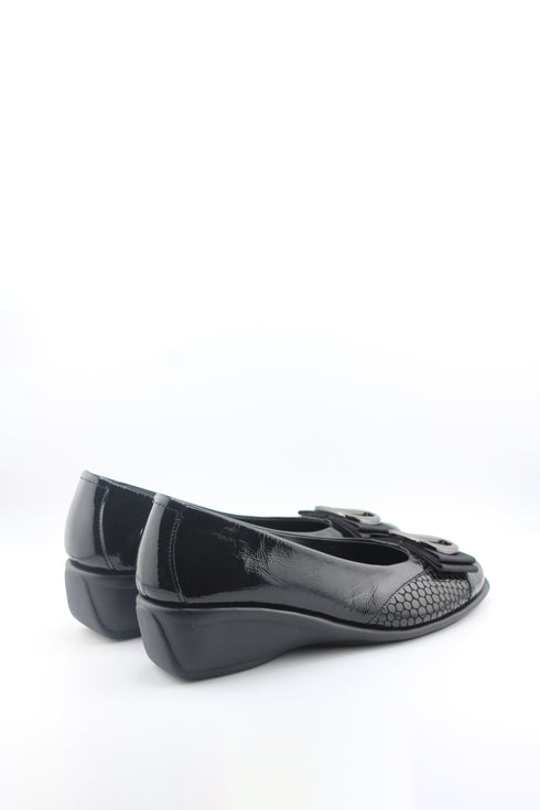 DFC Relax Buckled Patent Leather Comfort Wedge with Chain Detail