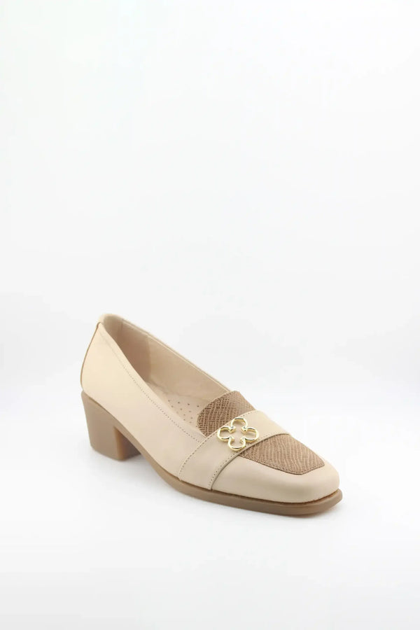 DFC Relax Block Heel Loafer with Decorative Metal Clover Accent Strap