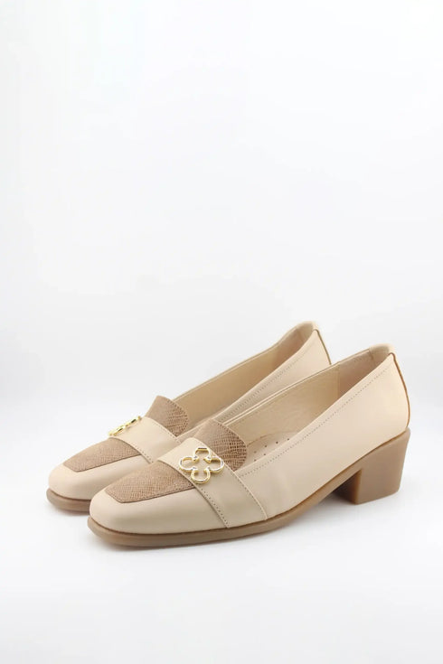 DFC Relax Block Heel Loafer with Decorative Metal Clover Accent Strap