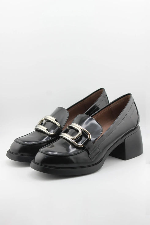 Wonders Leather Block Heel Loafer with Buckle