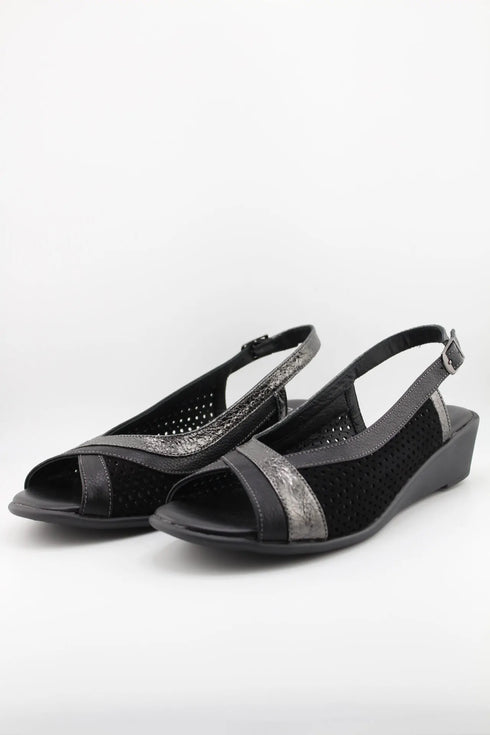 DFC Relax Perforated Slingback Comfort Wedge Sandal with Metallic Accents