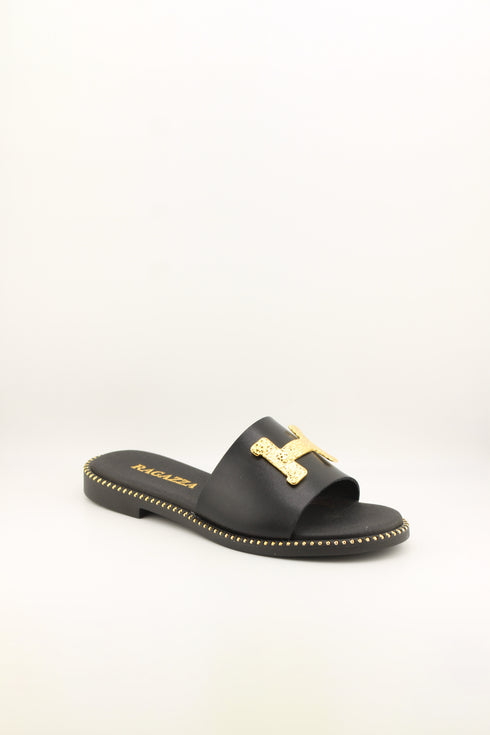 Ragazza Gold-Embellished Leather Slide Sandals