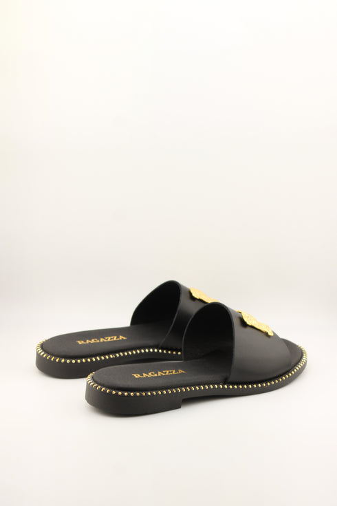 Ragazza Gold-Embellished Leather Slide Sandals