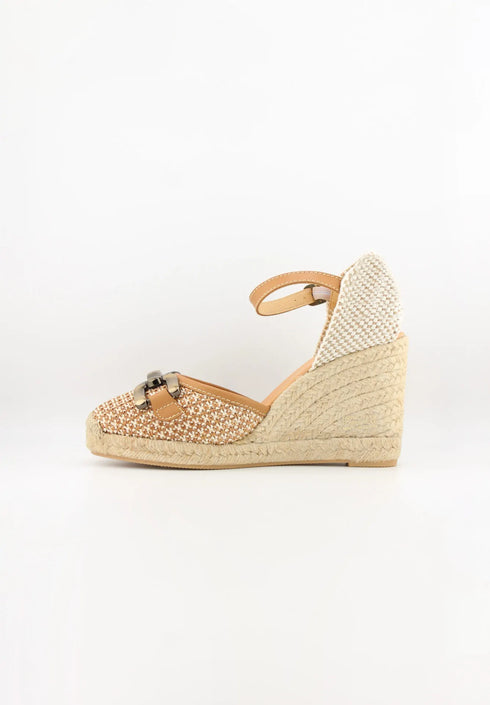 Maypol Buckled Woven Espadrille Wedge with Ankle Strap