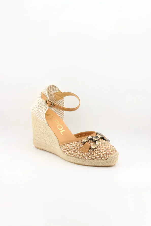 Maypol Buckled Woven Espadrille Wedge with Ankle Strap