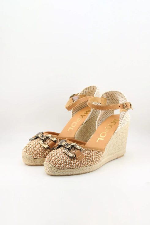 Maypol Buckled Woven Espadrille Wedge with Ankle Strap