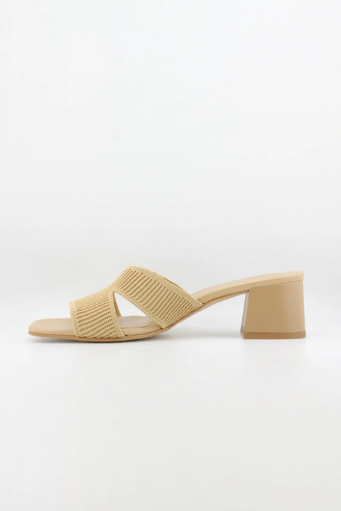 Miss Elastic Knit Open-Toe Block Heel Slide