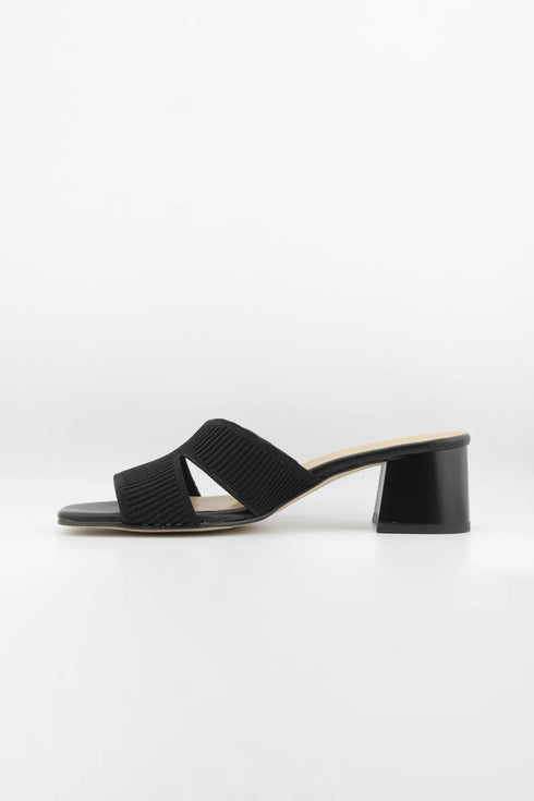 Miss Elastic Knit Open-Toe Block Heel Slide