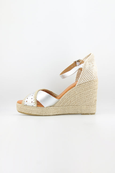 Jutelia Peep-Toe Espadrille Wedge with Decorative Perforated Toe and Ankle Strap