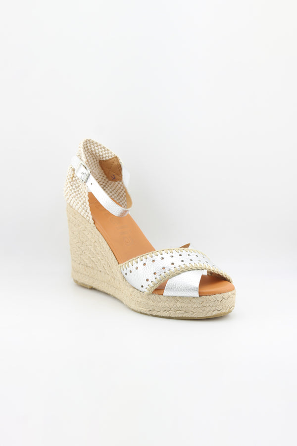 Jutelia Peep-Toe Espadrille Wedge with Decorative Perforated Toe and Ankle Strap