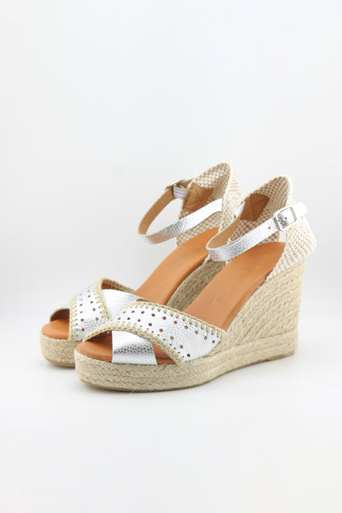 Jutelia Peep-Toe Espadrille Wedge with Decorative Perforated Toe and Ankle Strap