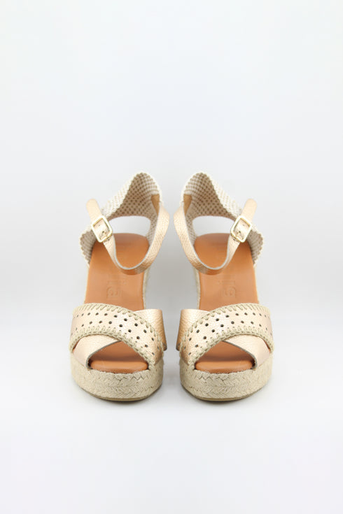Jutelia Peep-Toe Espadrille Wedge with Decorative Perforated Toe and Ankle Strap