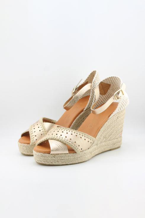 Jutelia Peep-Toe Espadrille Wedge with Decorative Perforated Toe and Ankle Strap