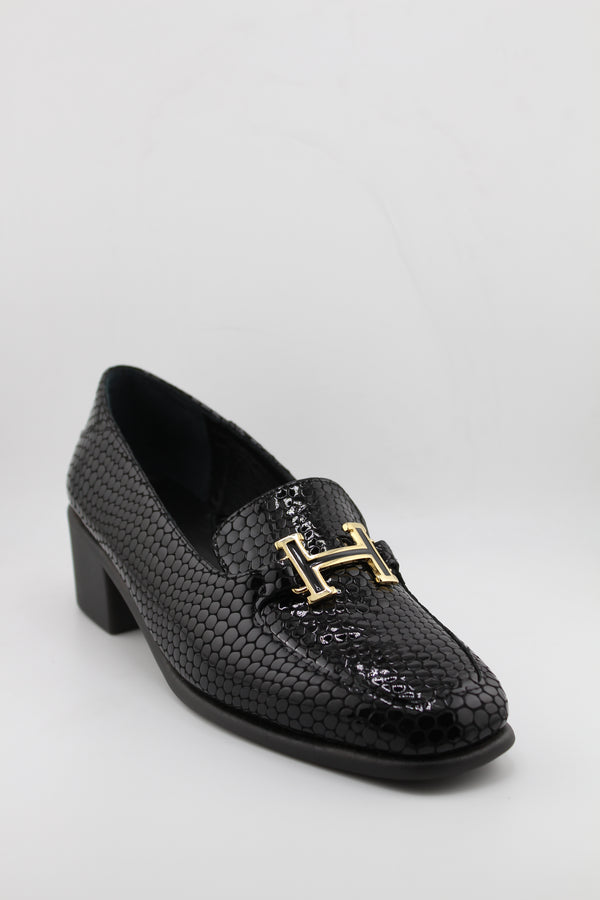 DFC Relax Textured Patent Leather Block Heel Loafers with Buckle