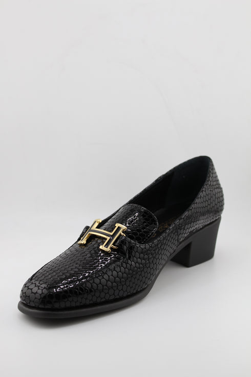 DFC Relax Textured Patent Leather Block Heel Loafers with Buckle